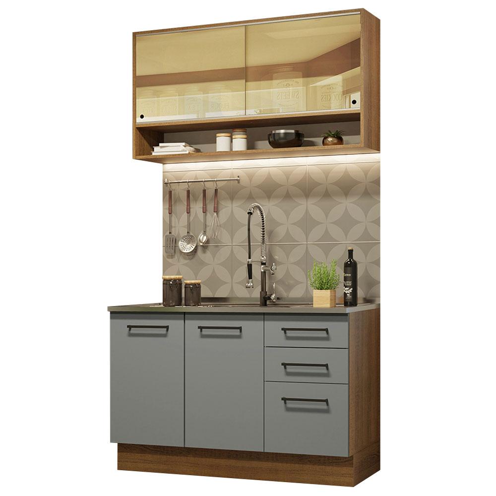 Cozinha Compacta Madesa Agata 120002 com Armário e Balcão (Sem Tampo e Pia) - Rustic/Cinza