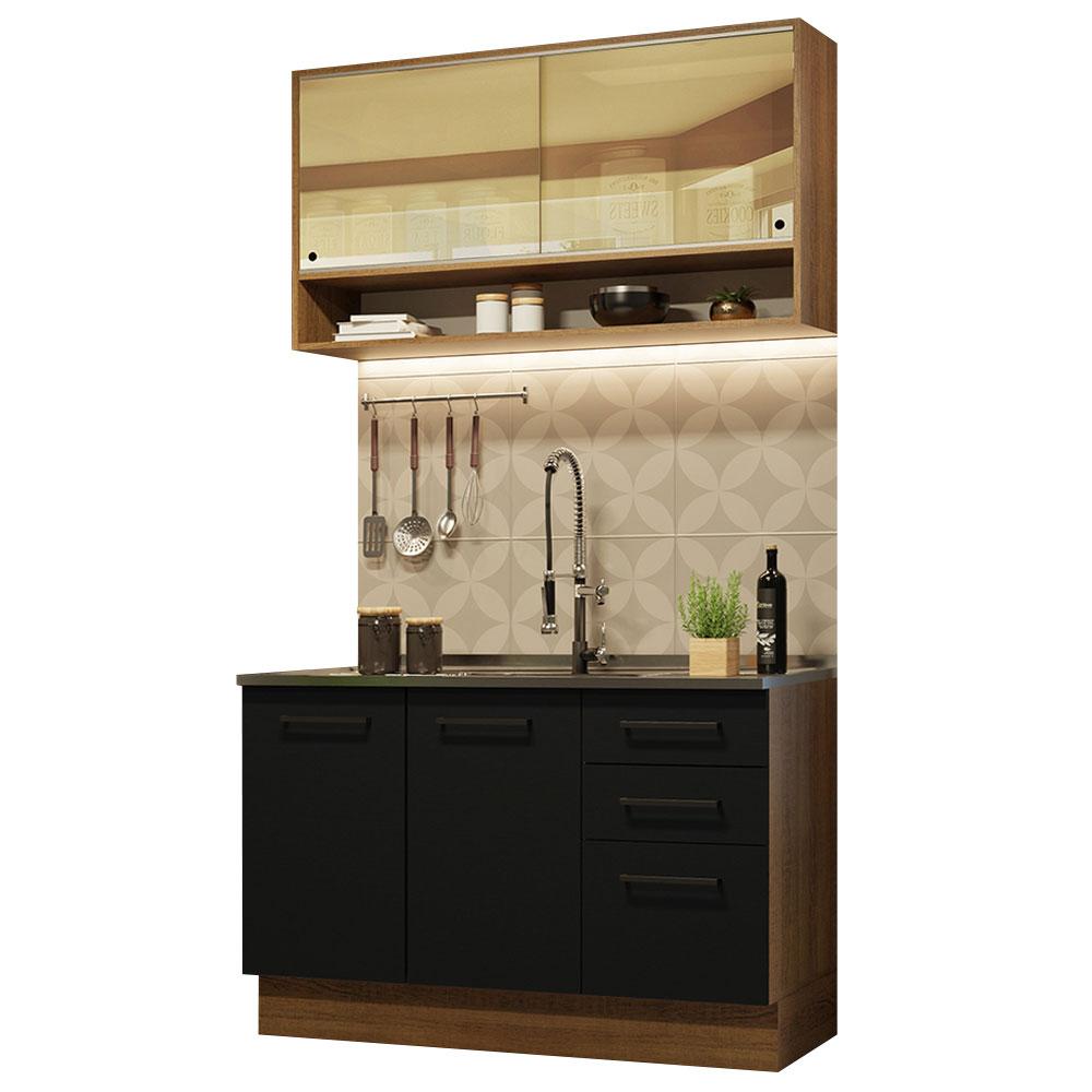 Cozinha Compacta Madesa Agata 120002 com Armário e Balcão (Sem Tampo e Pia) - Rustic/Preto