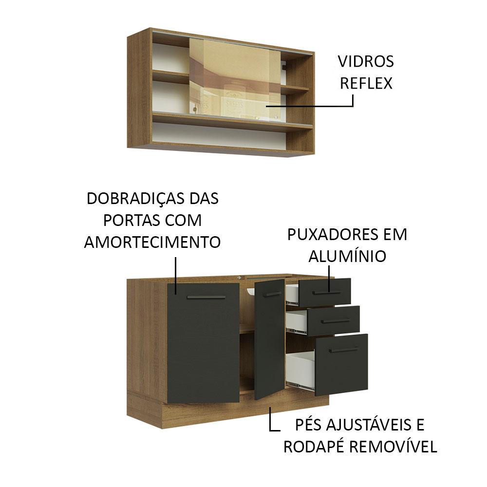 Cozinha Compacta Madesa Agata 120002 com Armário e Balcão (Sem Tampo e Pia) - Rustic/Preto