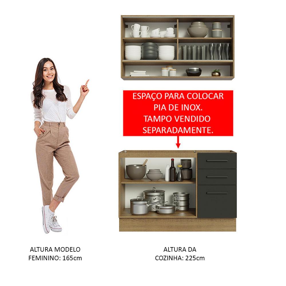 Cozinha Compacta Madesa Agata 120002 com Armário e Balcão (Sem Tampo e Pia) - Rustic/Preto