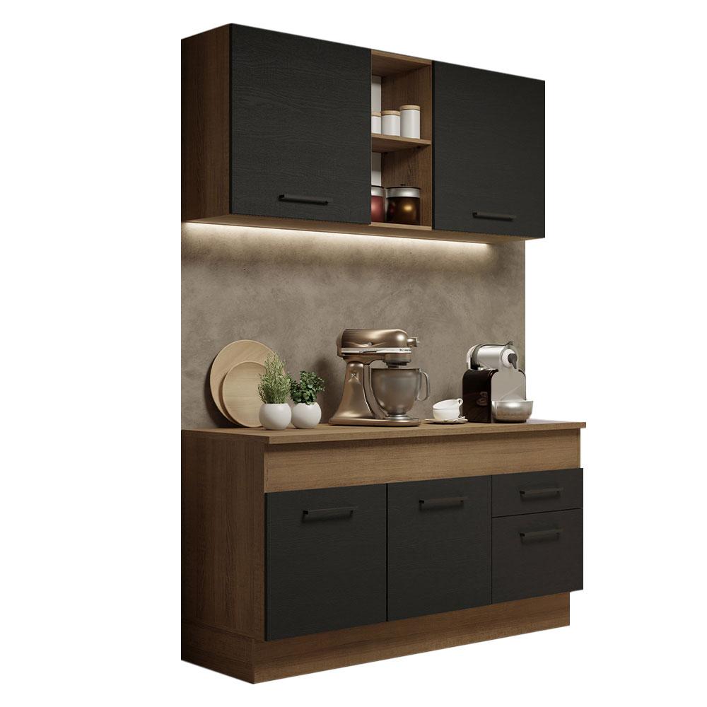 Cozinha Compacta Madesa Agata 150001 com Armário e Balcão (Com Tampo) - Rustic/Preto