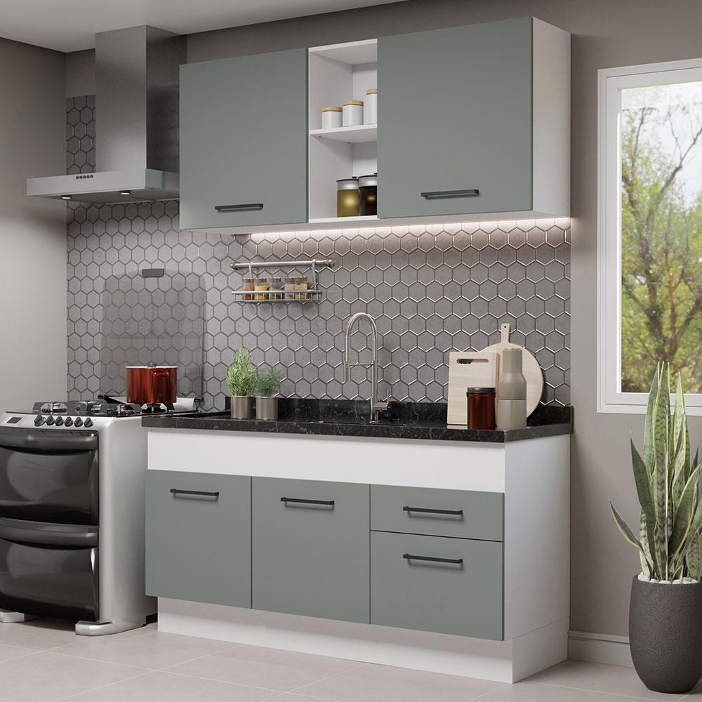 Cozinha Compacta Madesa Agata 150002 com Armário e Balcão (Sem Tampo e Pia) - Branco/Cinza