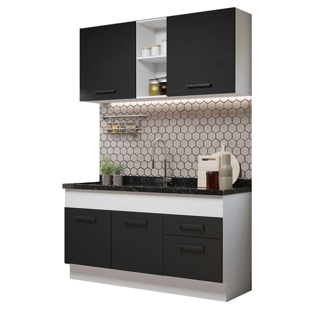 Cozinha Compacta Madesa Agata 150002 com Armário e Balcão (Sem Tampo e Pia) - Branco/Preto