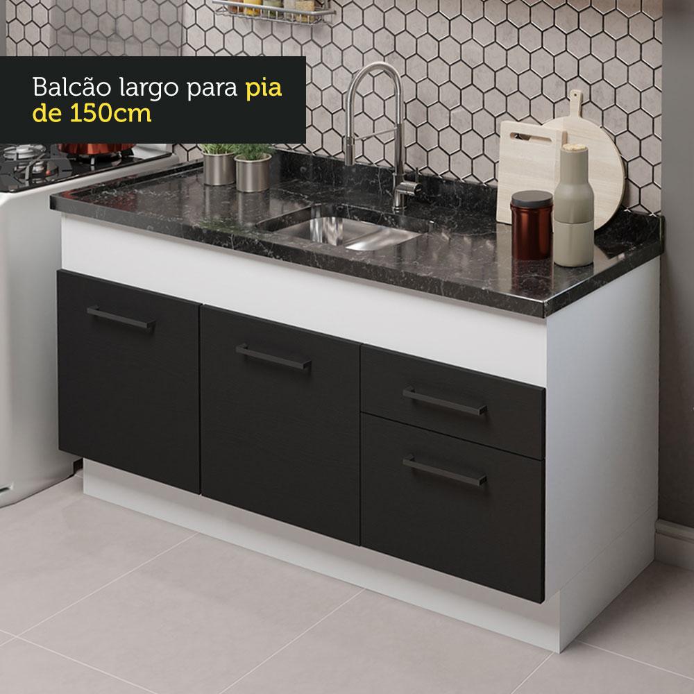 Cozinha Compacta Madesa Agata 150002 com Armário e Balcão (Sem Tampo e Pia) - Branco/Preto