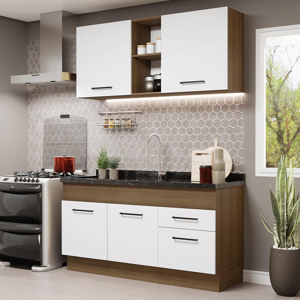 Cozinha Compacta Madesa Agata 150002 com Armário e Balcão (Sem Tampo e Pia) - Rustic/Branco