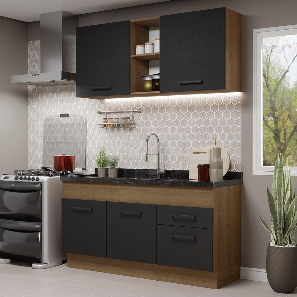 Cozinha Compacta Madesa Agata 150002 com Armário e Balcão (Sem Tampo e Pia) - Rustic/Preto