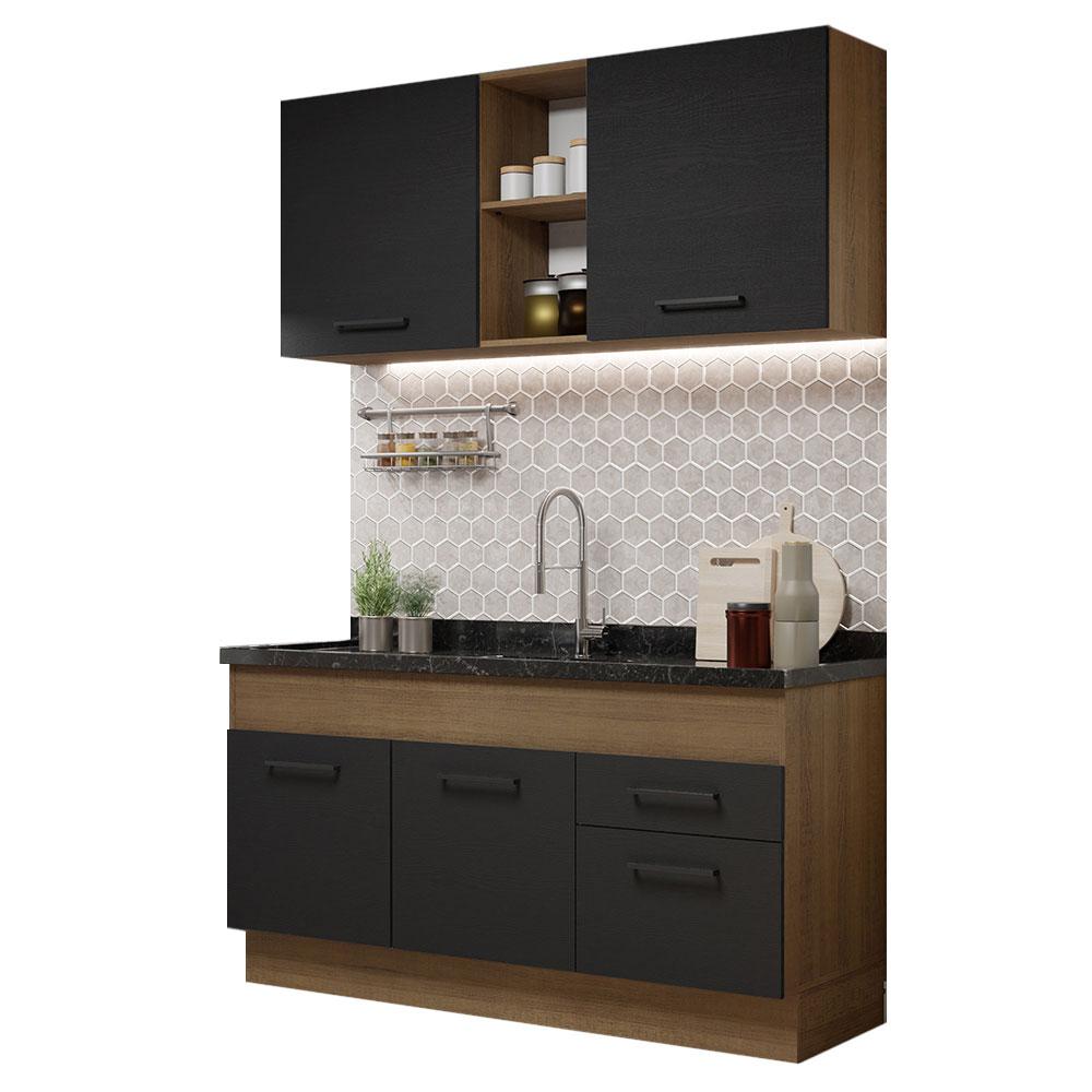 Cozinha Compacta Madesa Agata 150002 com Armário e Balcão (Sem Tampo e Pia) - Rustic/Preto