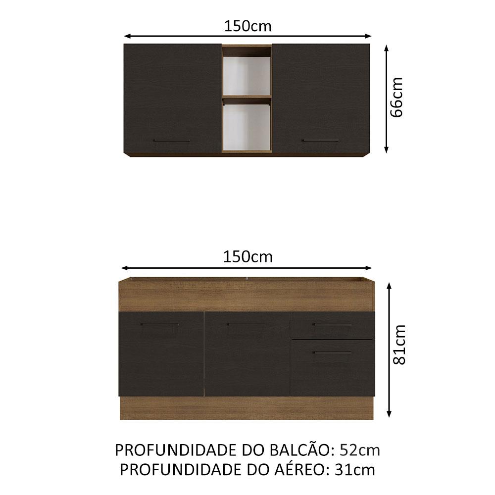 Cozinha Compacta Madesa Agata 150002 com Armário e Balcão (Sem Tampo e Pia) - Rustic/Preto