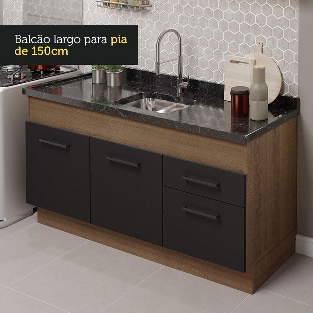 Cozinha Compacta Madesa Agata 150002 com Armário e Balcão (Sem Tampo e Pia) - Rustic/Preto