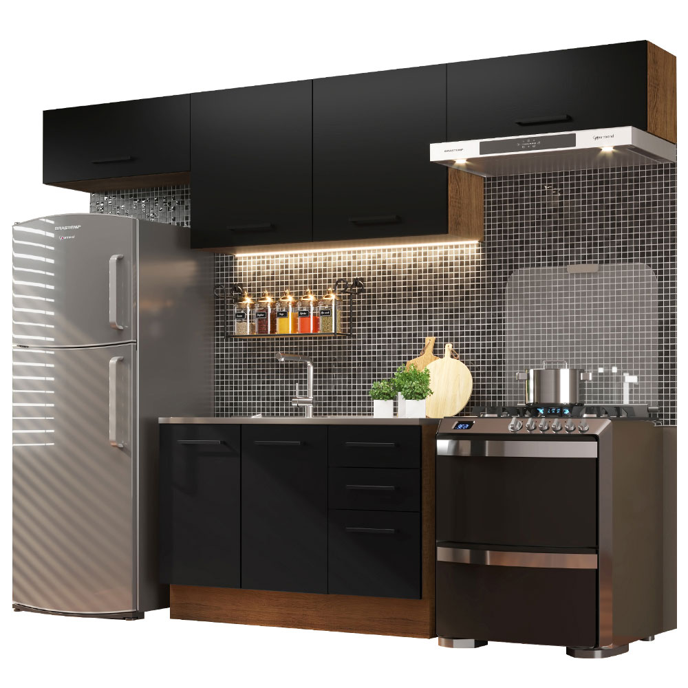 Cozinha Compacta Madesa Agata 280002 com Armário e Balcão - Rustic/Preto