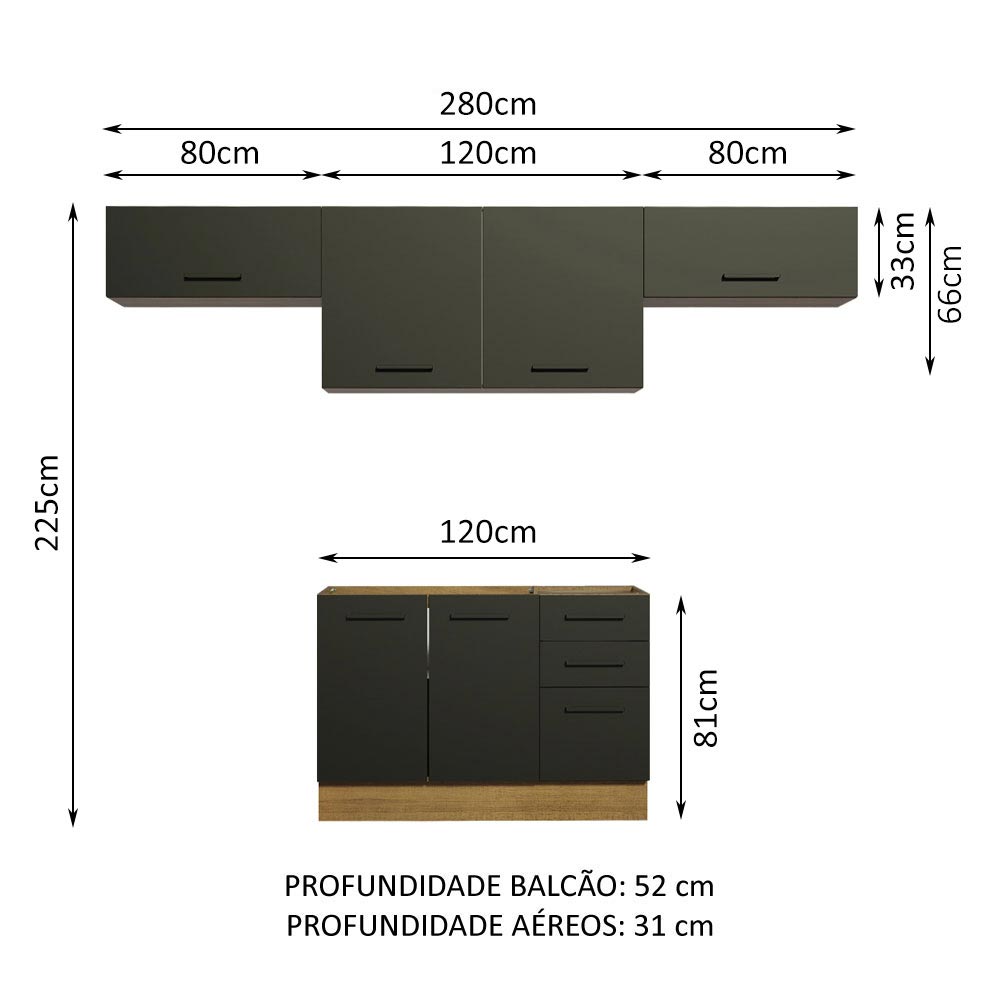 Cozinha Compacta Madesa Agata 280002 com Armário e Balcão - Rustic/Preto