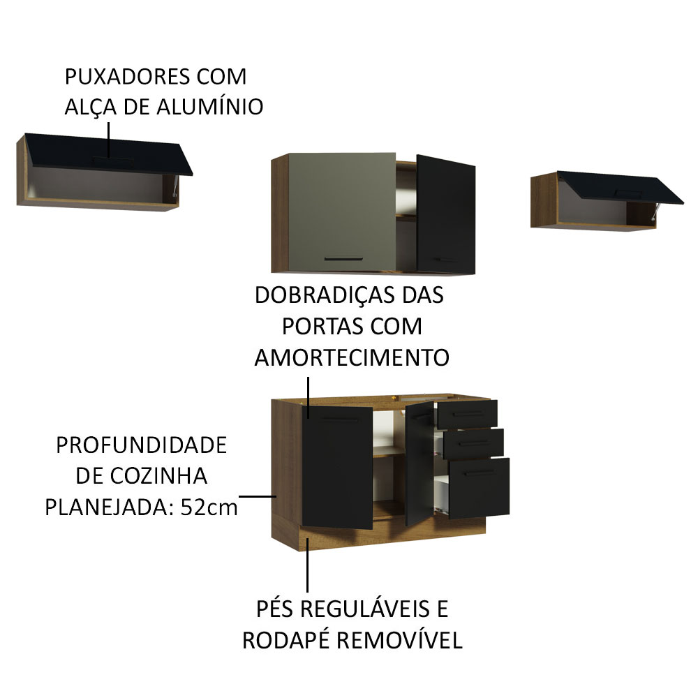 Cozinha Compacta Madesa Agata 280002 com Armário e Balcão - Rustic/Preto