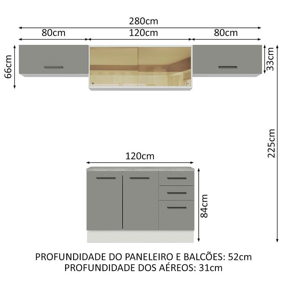Cozinha Compacta Madesa Agata 280004 com Armário e Balcão (Com Tampo) - Branco/Cinza