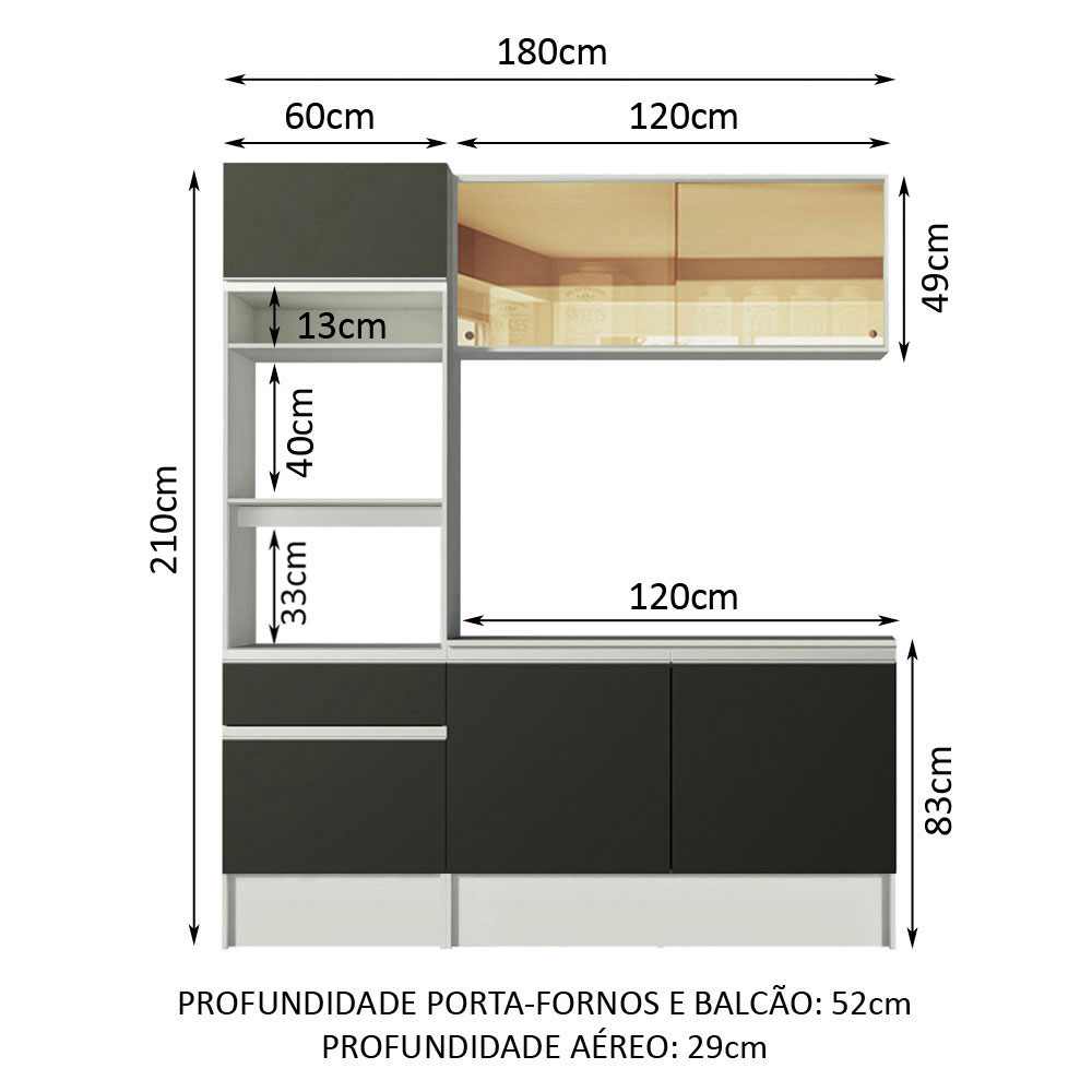 Cozinha Compacta Madesa Diamante com Armário, Balcão e Tampo - Branco/Preto