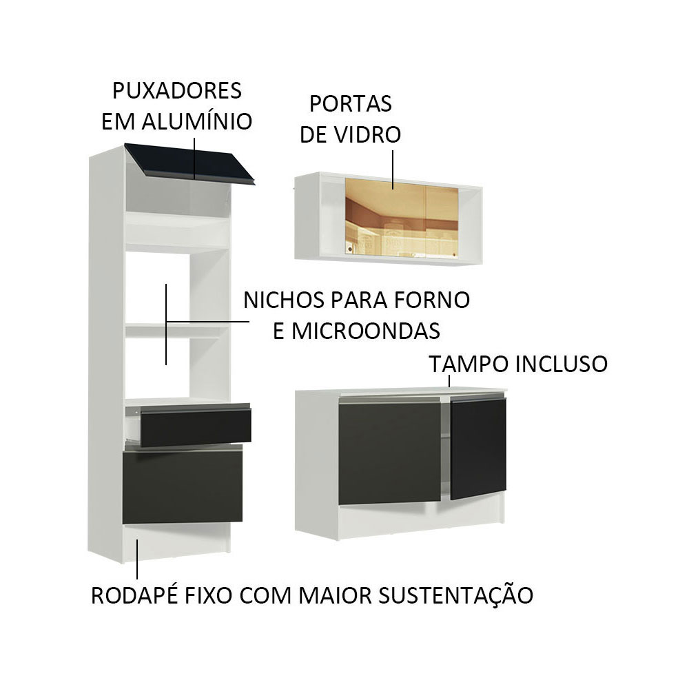 Cozinha Compacta Madesa Diamante com Armário, Balcão e Tampo - Branco/Preto