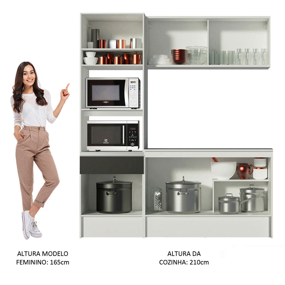 Cozinha Compacta Madesa Diamante com Armário, Balcão e Tampo - Branco/Preto