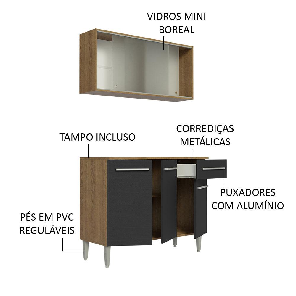 Cozinha Compacta Madesa Emilly 105001 com Armário e Balcão - Rustic/Preto