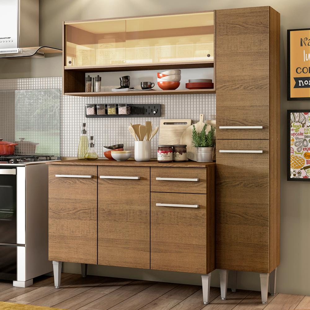 Cozinha Compacta Madesa Emilly Art com Balcão e Armário Vidro Reflex - Rustic