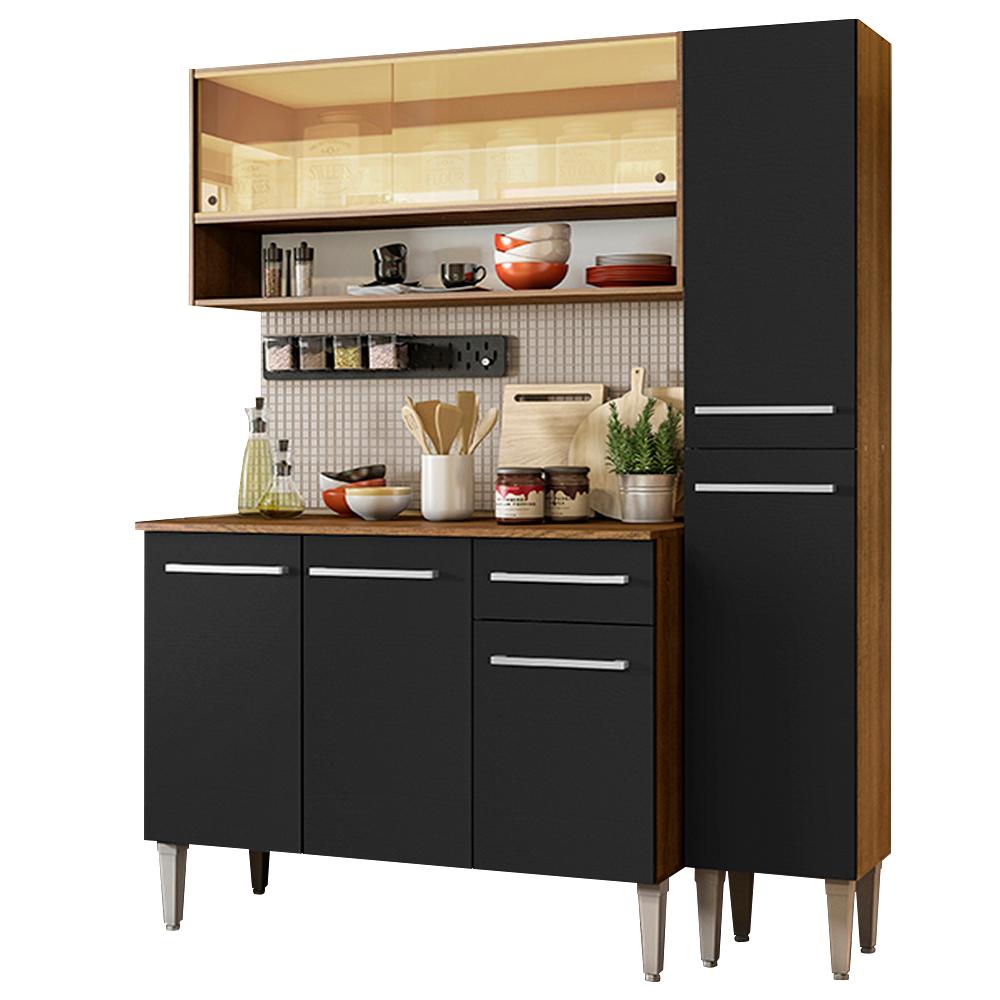 Cozinha Compacta Madesa Emilly Art com Balcão e Armário Vidro Reflex - Rustic/Preto
