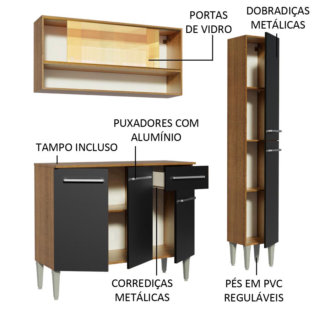 Cozinha Compacta Madesa Emilly Art com Balcão e Armário Vidro Reflex - Rustic/Preto
