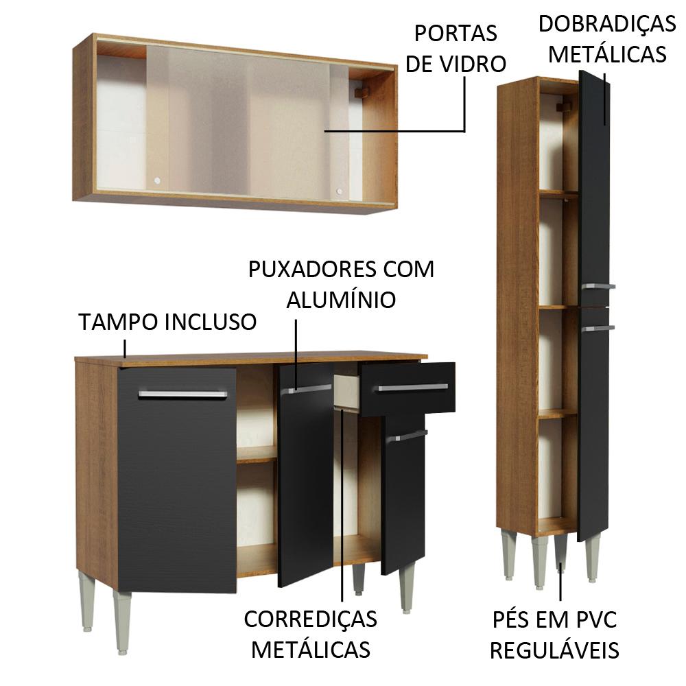 Cozinha Compacta Madesa Emilly Force com Armário, Balcão e Paneleiro - Rustic/Preto