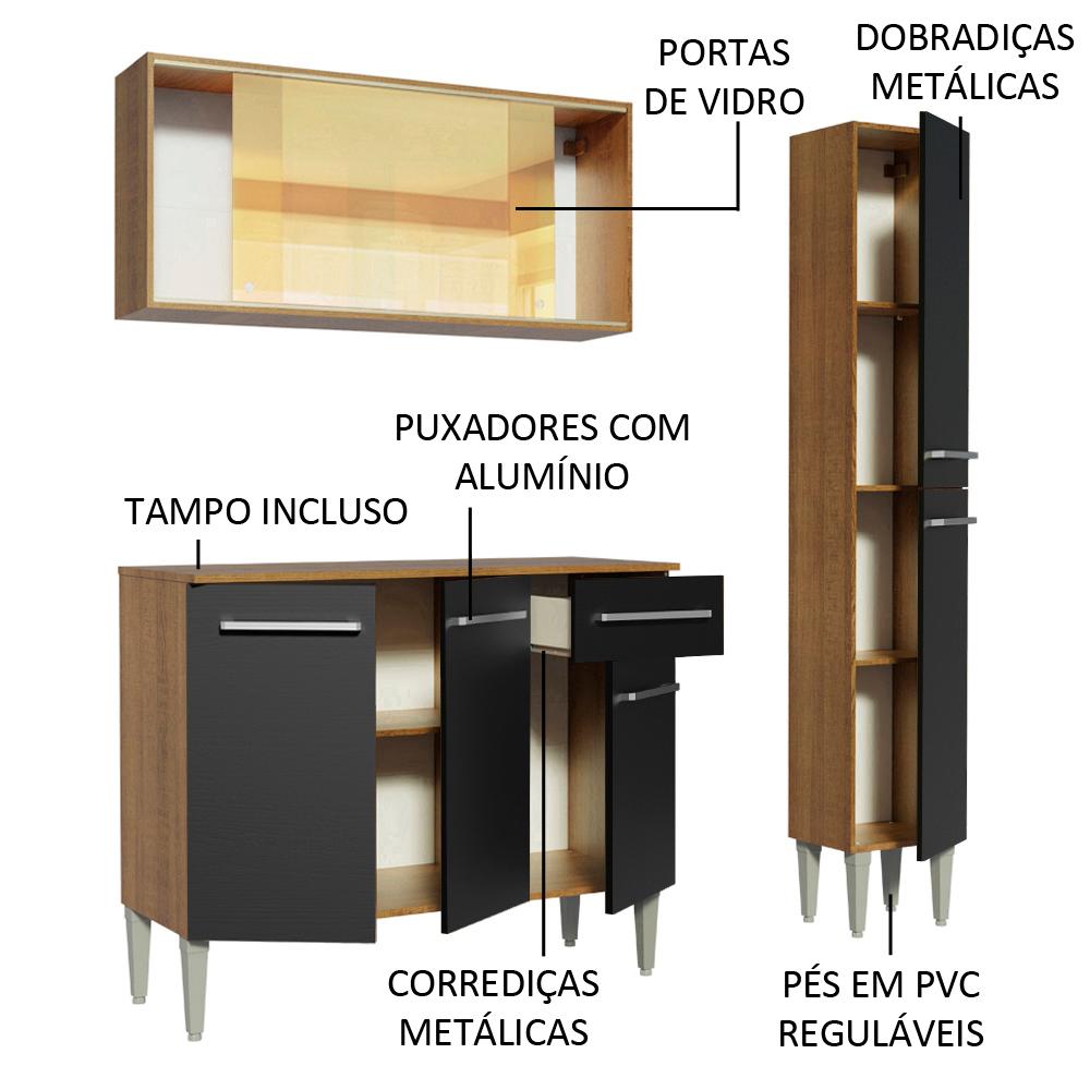 Cozinha Compacta Madesa Emilly Gold com Armário, Balcão e Paneleiro - Rustic/Preto