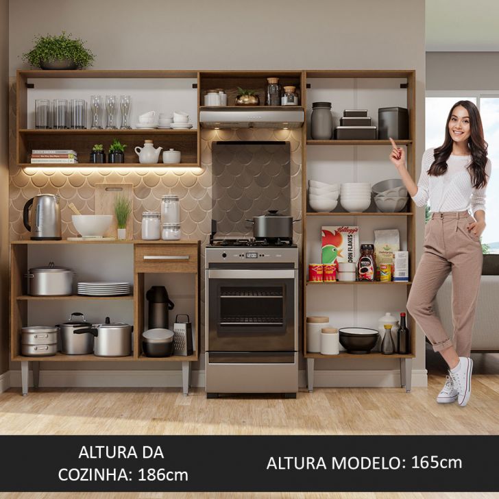 Armário de Cozinha Completa Madesa Emilly Dance com Balcão e Aéreo Vidro  Reflex - Rustic/Preto