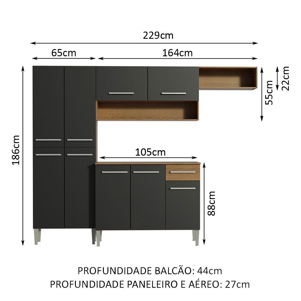 Cozinha Compacta Madesa Emilly Top com Armário e Balcão - Rustic/Preto