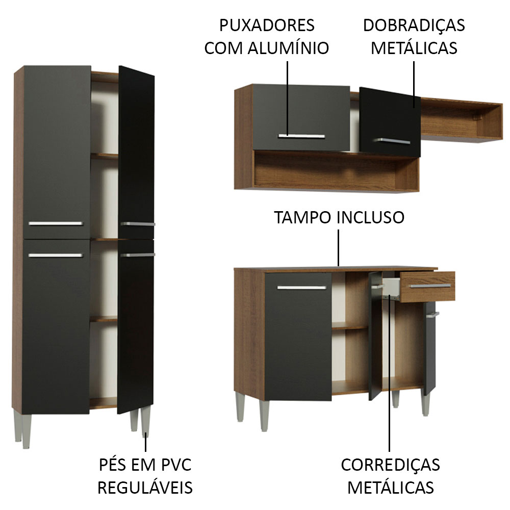 Cozinha Compacta Madesa Emilly Top com Armário e Balcão - Rustic/Preto