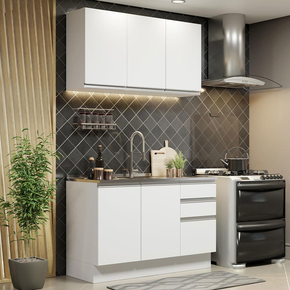 Cozinha Compacta Madesa Glamy 120001 com Armário e Balcão (Sem Tampo e Pia) – Branco