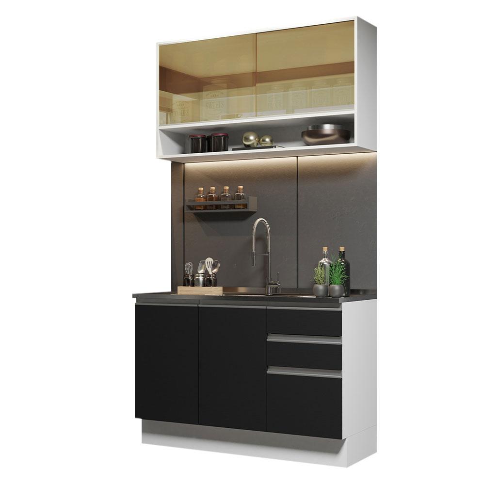 Cozinha Compacta Madesa Glamy 120002 com Armário e Balcão (Sem Tampo e Pia) - Branco/Preto