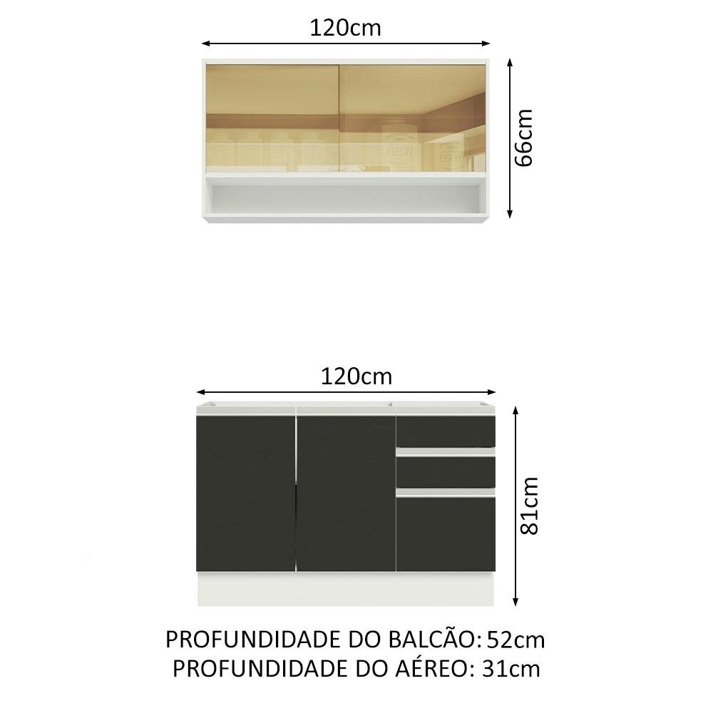 Cozinha Compacta Madesa Glamy 120002 com Armário e Balcão (Sem Tampo e Pia) - Branco/Preto