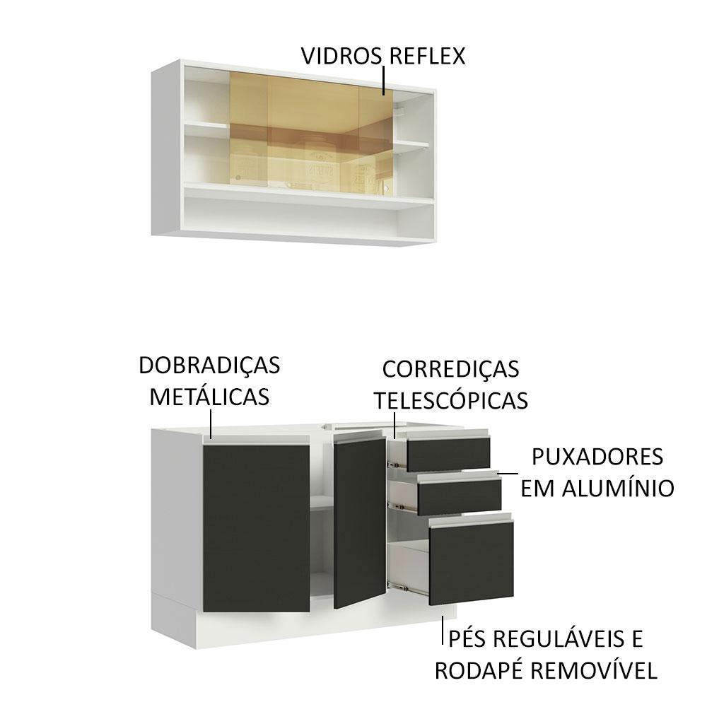 Cozinha Compacta Madesa Glamy 120002 com Armário e Balcão (Sem Tampo e Pia) - Branco/Preto
