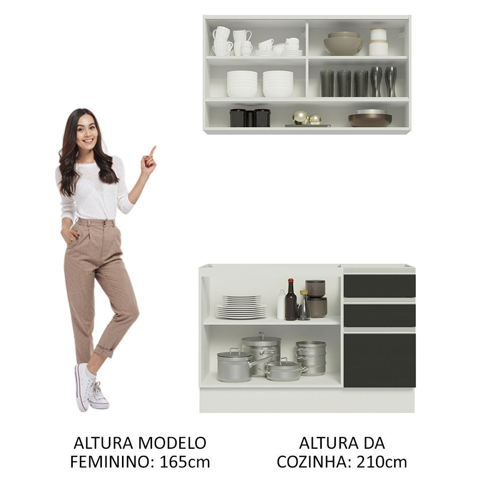 Cozinha Compacta Madesa Glamy 120002 com Armário e Balcão (Sem Tampo e Pia) - Branco/Preto