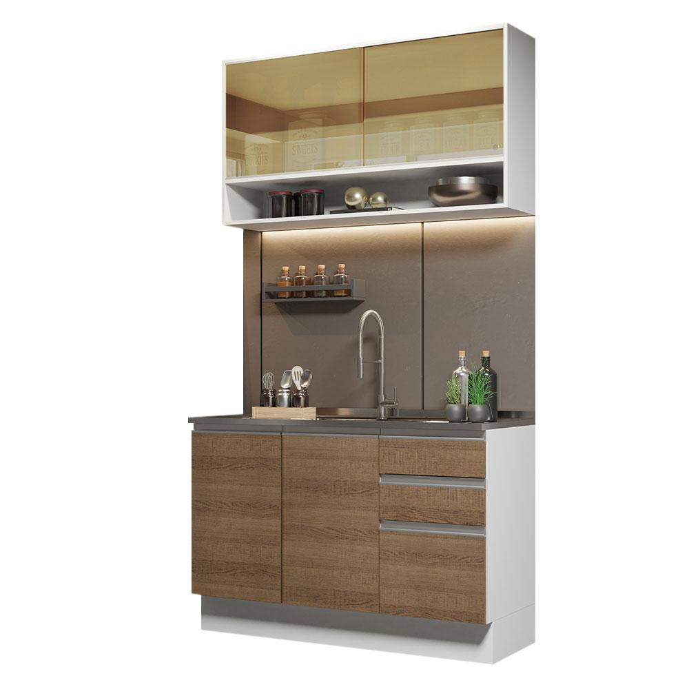 Cozinha Compacta Madesa Glamy 120002 com Armário e Balcão (Sem Tampo e Pia) - Branco/Rustic