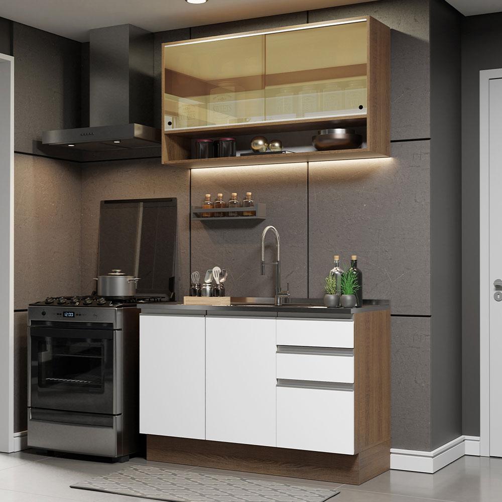 Cozinha Compacta Madesa Glamy 120002 com Armário e Balcão (Sem Tampo e Pia) - Rustic/Branco