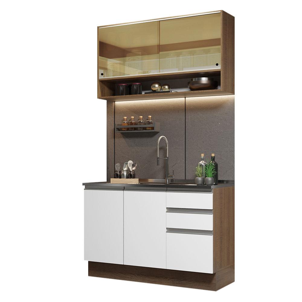 Cozinha Compacta Madesa Glamy 120002 com Armário e Balcão (Sem Tampo e Pia) - Rustic/Branco