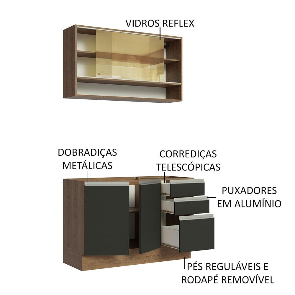 Cozinha Compacta Madesa Glamy 120002 com Armário e Balcão (Sem Tampo e Pia) - Rustic/Preto
