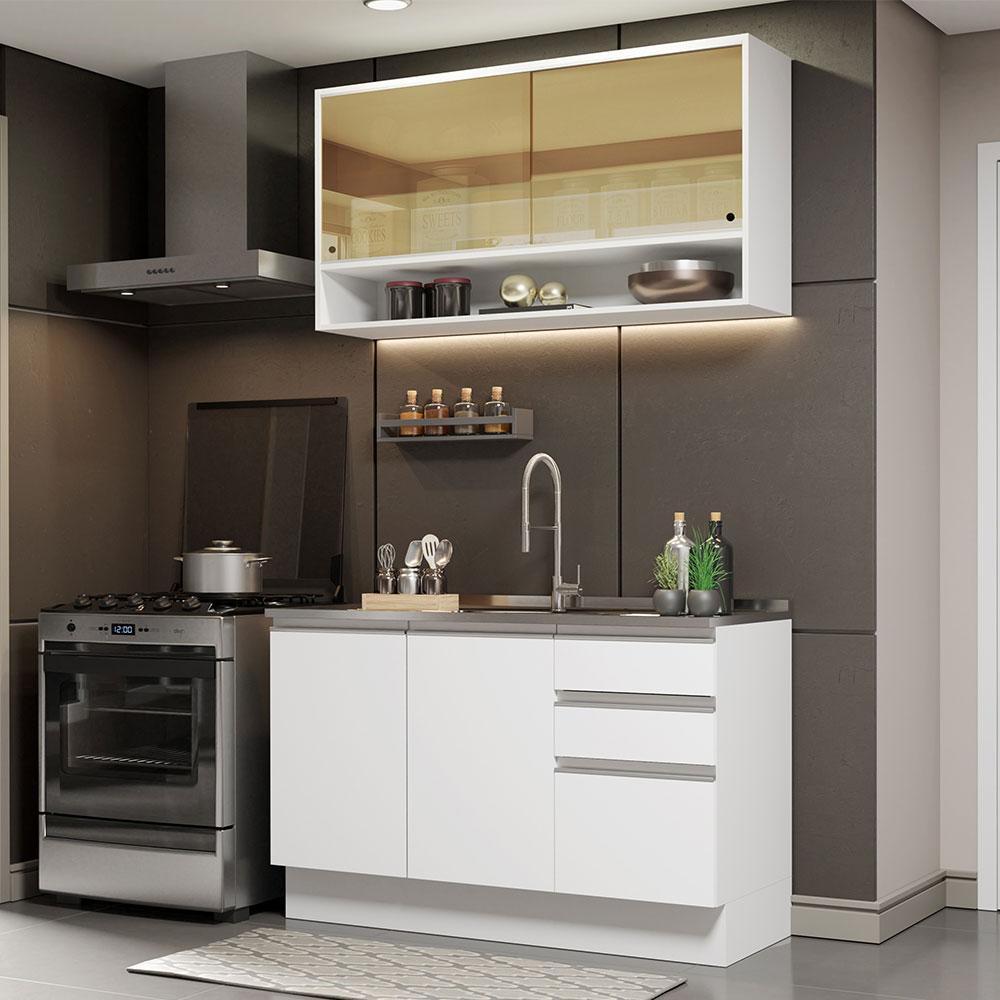Cozinha Compacta Madesa Glamy 120002 com Armário e Balcão (Sem Tampo e Pia) – Branco