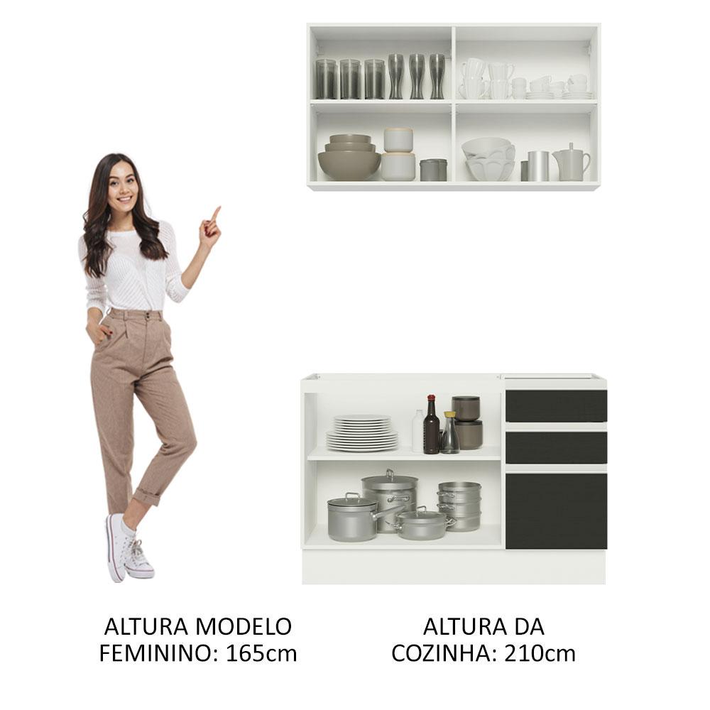 Cozinha Compacta Madesa Glamy 120003 com Armário e Balcão (Sem Tampo e Pia) - Branco/Preto