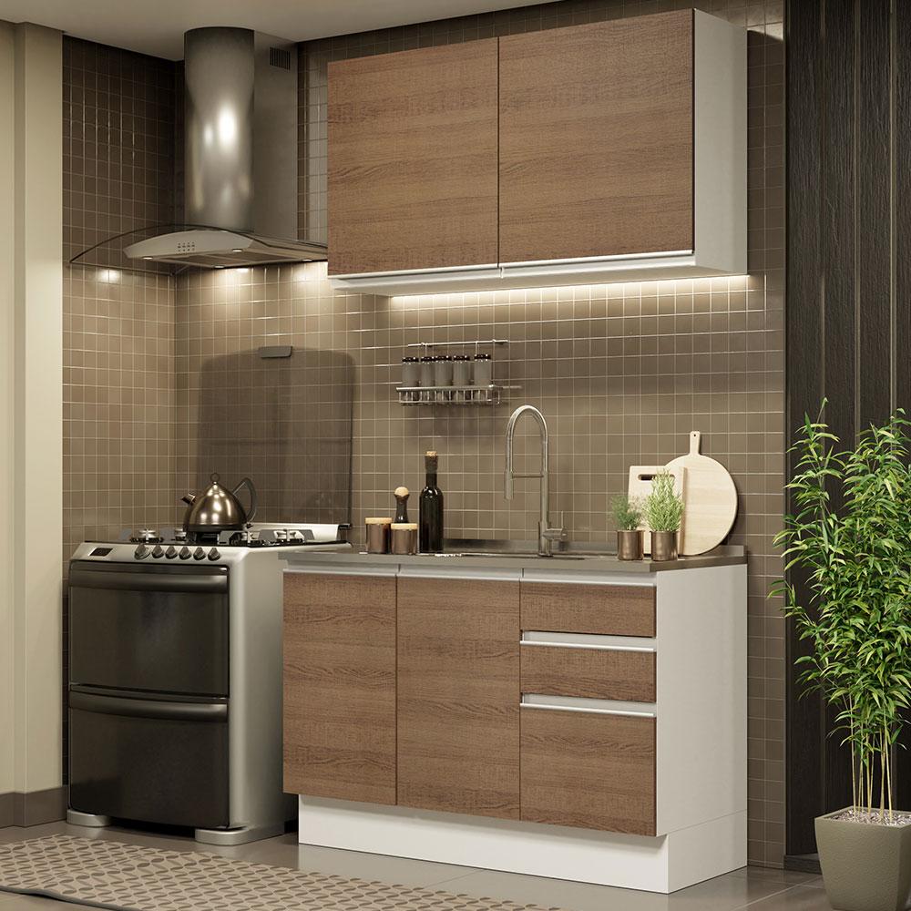 Cozinha Compacta Madesa Glamy 120003 com Armário e Balcão (Sem Tampo e Pia) - Branco/Rustic