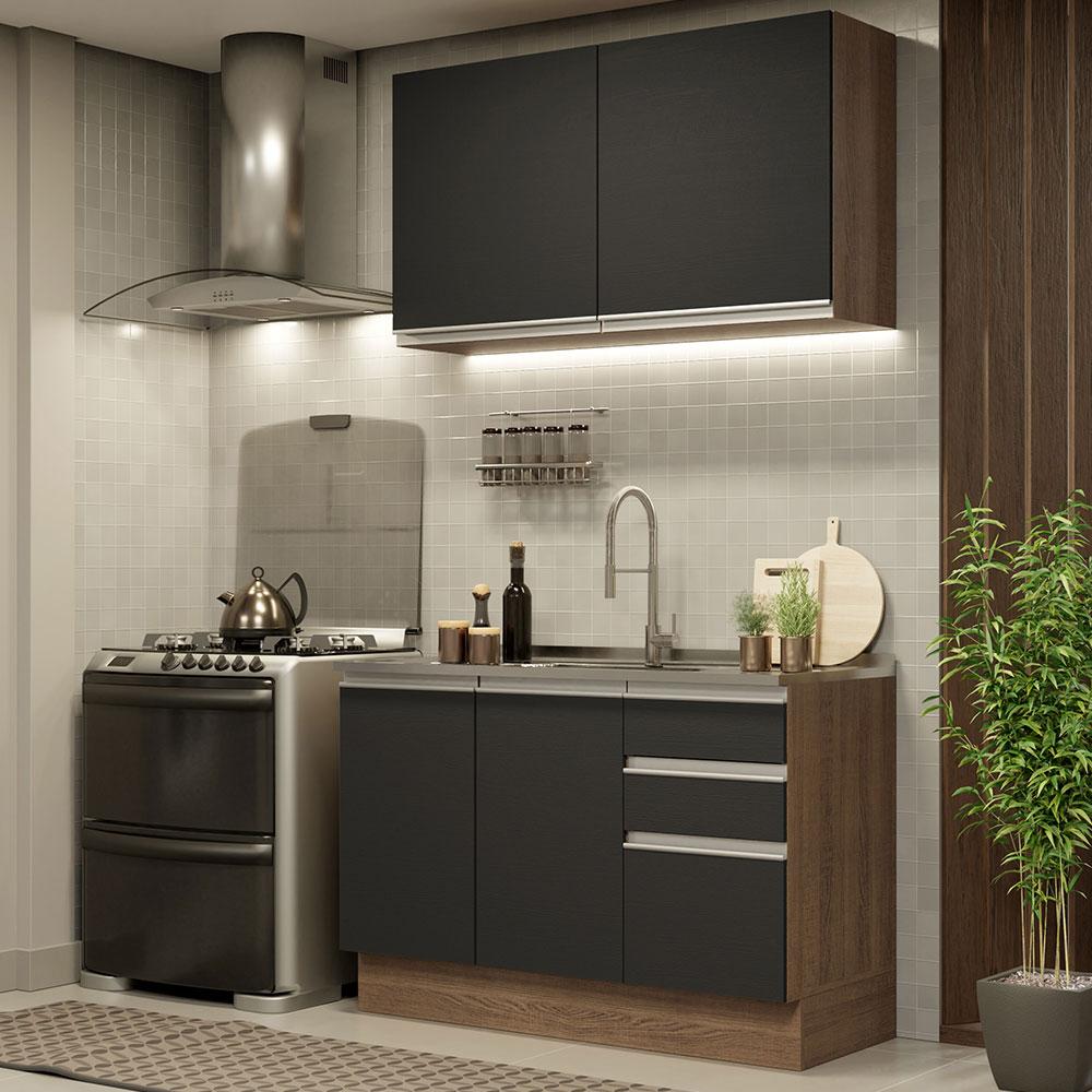 Cozinha Compacta Madesa Glamy 120003 com Armário e Balcão (Sem Tampo e Pia) - Rustic/Preto