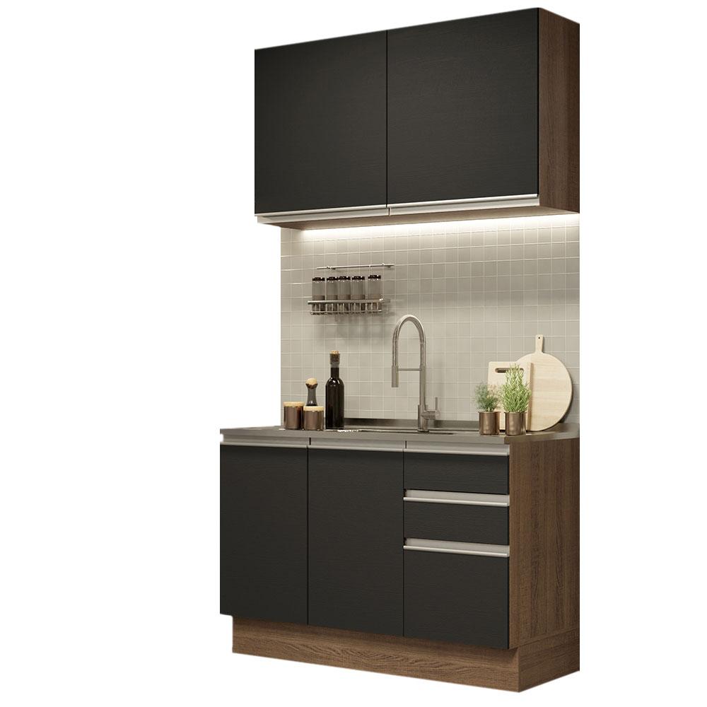 Cozinha Compacta Madesa Glamy 120003 com Armário e Balcão (Sem Tampo e Pia) - Rustic/Preto