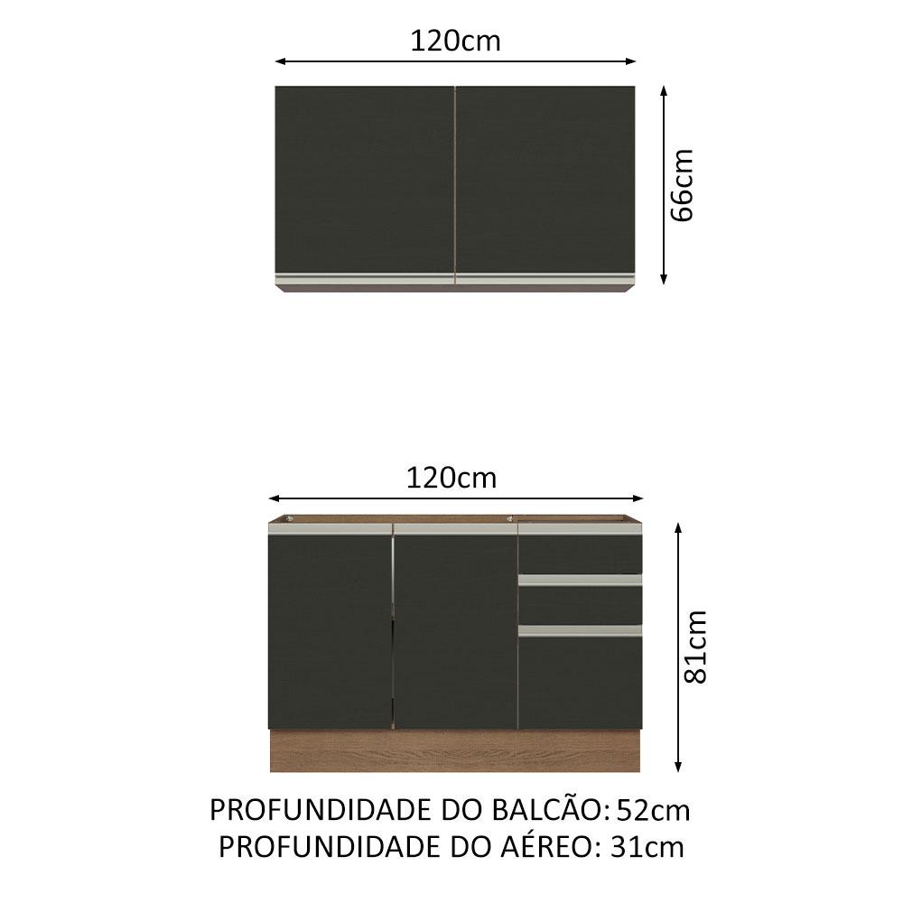 Cozinha Compacta Madesa Glamy 120003 com Armário e Balcão (Sem Tampo e Pia) - Rustic/Preto