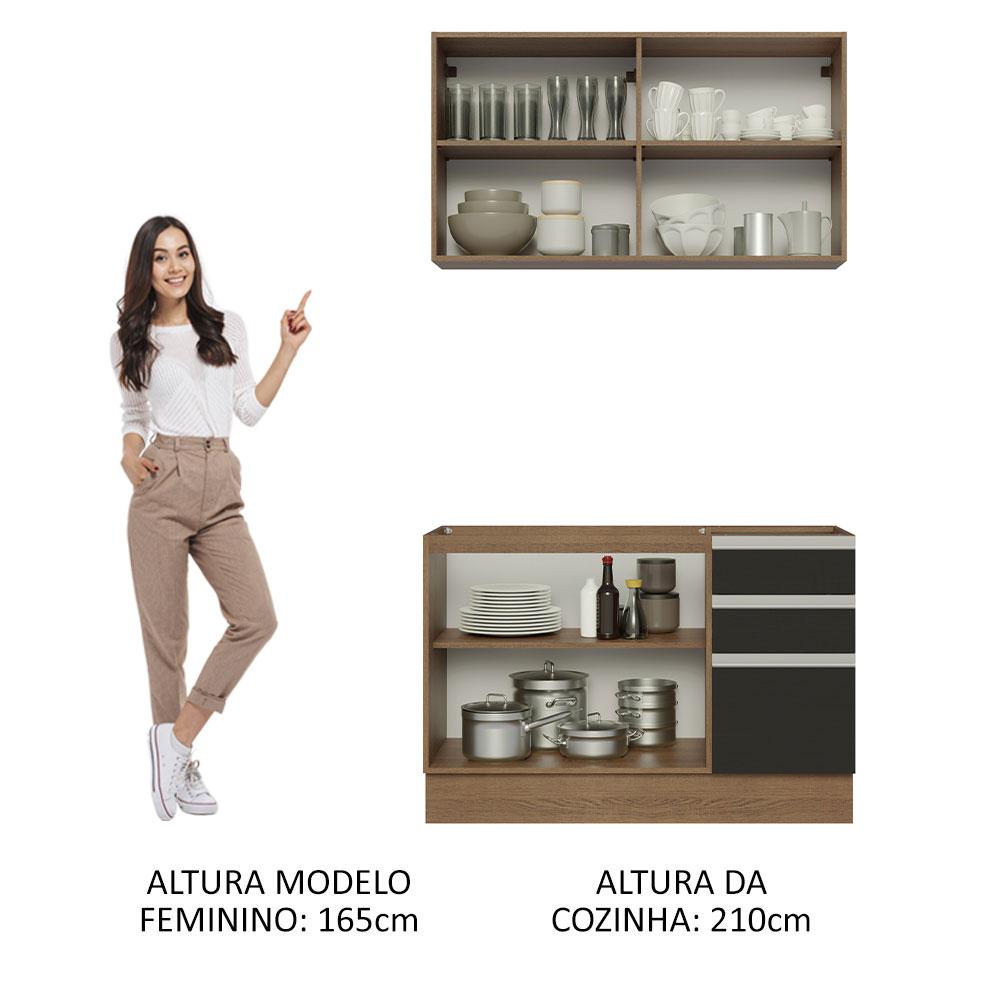 Cozinha Compacta Madesa Glamy 120003 com Armário e Balcão (Sem Tampo e Pia) - Rustic/Preto