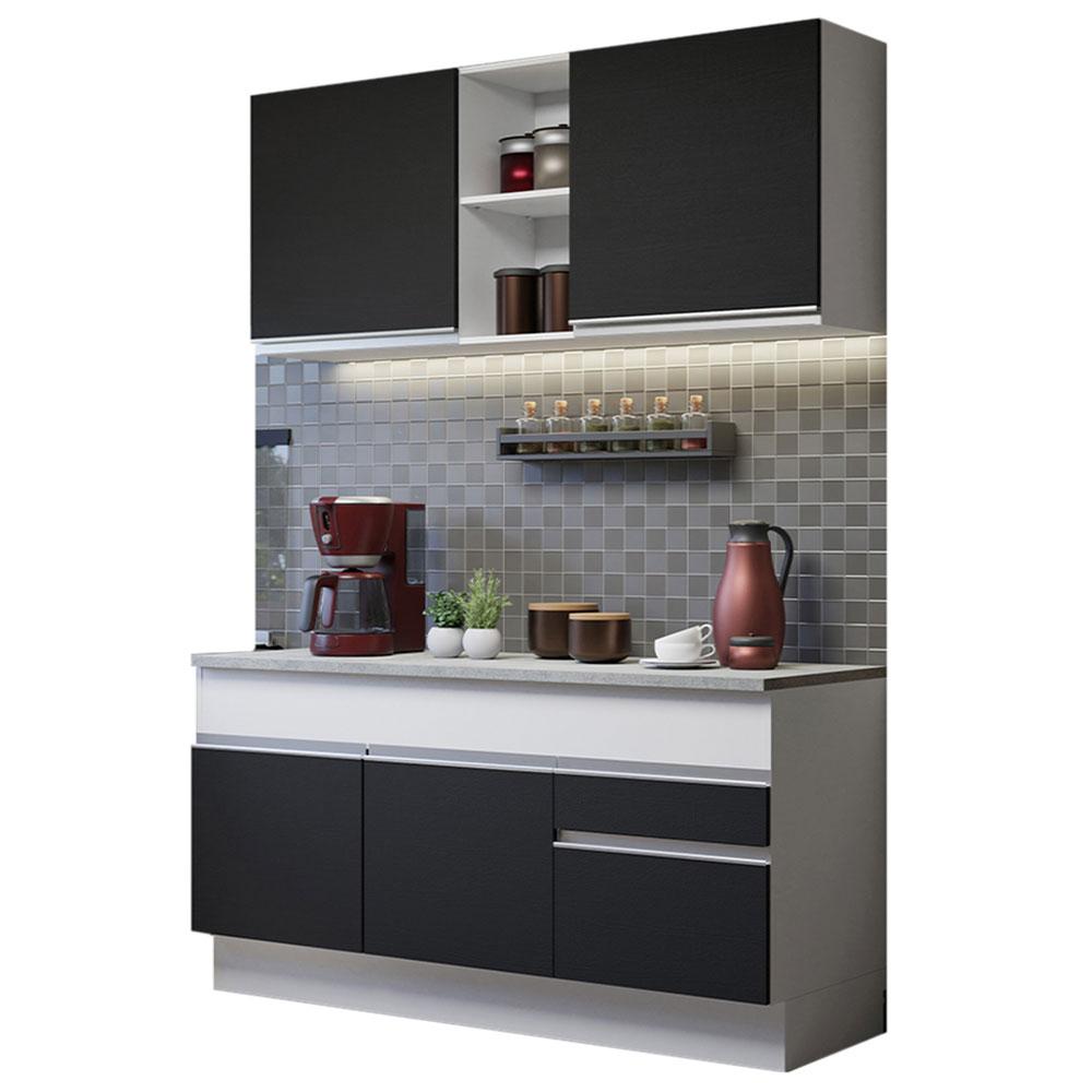 Cozinha Compacta Madesa Glamy 150001 com Armário e Balcão (Com Tampo) - Branco/Preto