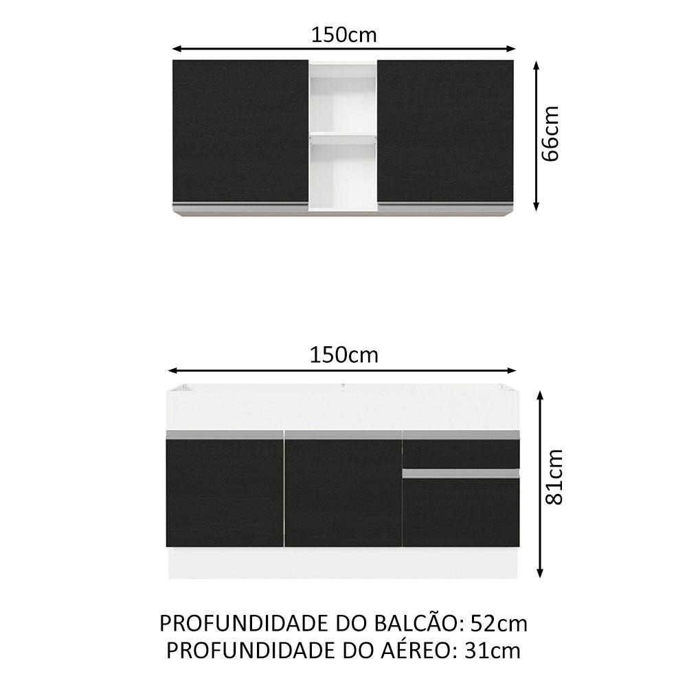 Cozinha Compacta Madesa Glamy 150002 com Armário e Balcão (Sem Tampo e Pia) - Branco/Preto