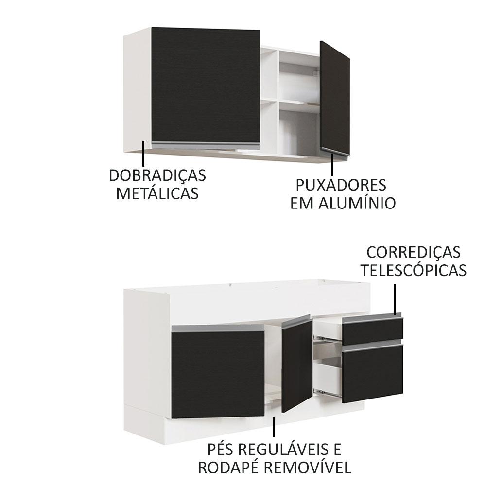 Cozinha Compacta Madesa Glamy 150002 com Armário e Balcão (Sem Tampo e Pia) - Branco/Preto