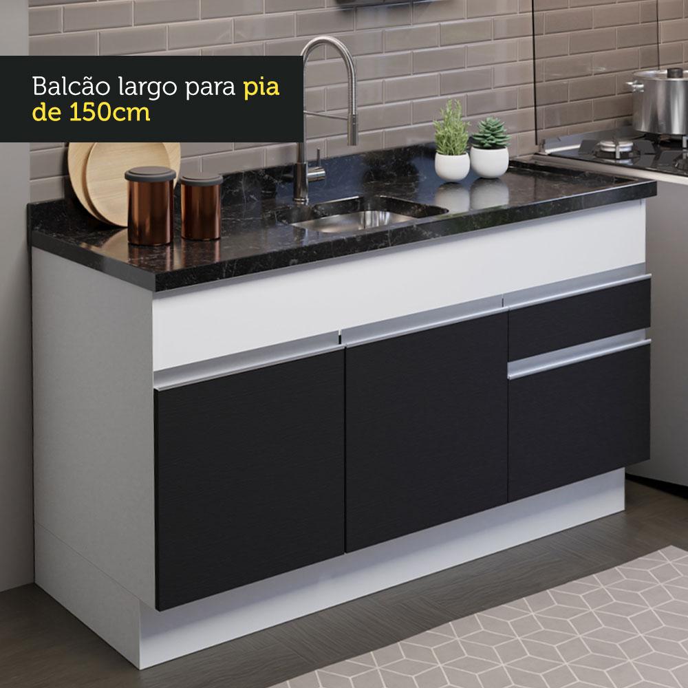 Cozinha Compacta Madesa Glamy 150002 com Armário e Balcão (Sem Tampo e Pia) - Branco/Preto