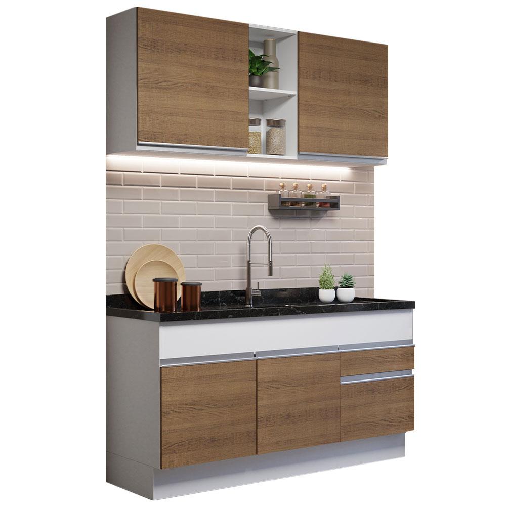 Cozinha Compacta Madesa Glamy 150002 com Armário e Balcão (Sem Tampo e Pia) - Branco/Rustic